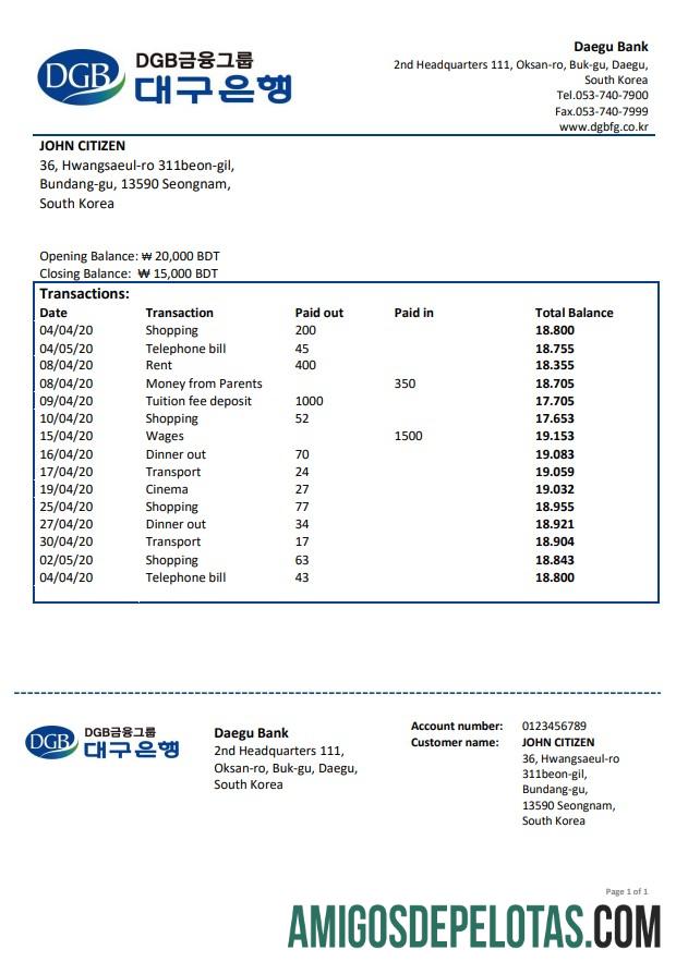 Modelo de comprovante de endereço do Banco Daegu da Coreia do Sul para download em formato Word e PDF